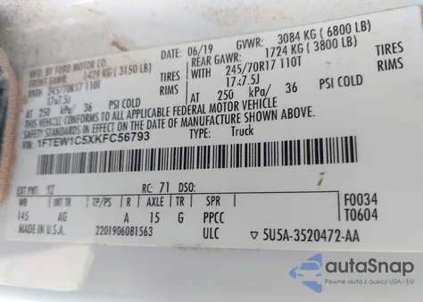 2019 Ford F-150 Xl из США, поврежденный, VIN 1FTEW1C5XKFC56793